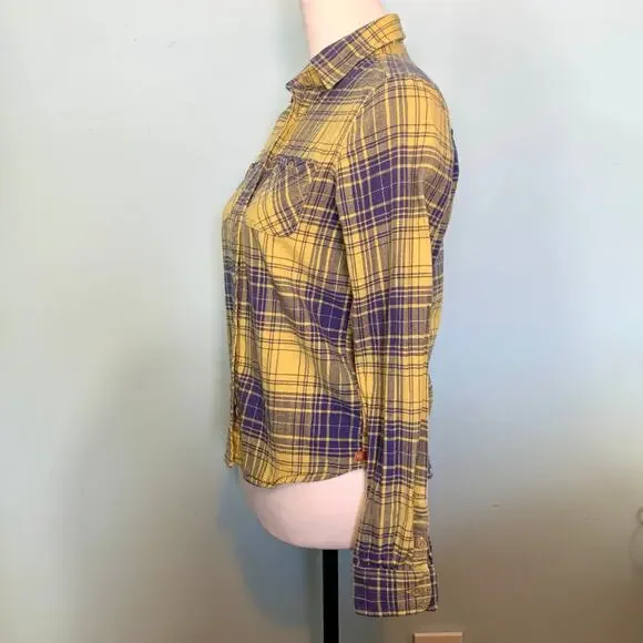 American Eagle Outfitters Yellow and Blue Plaid Flannel Button Down Size 4 - Picture 3 of 8